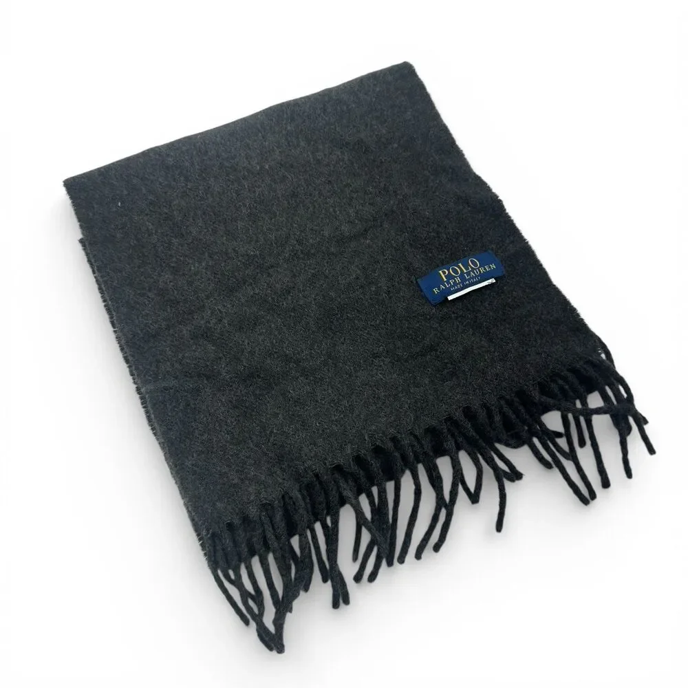 Polo Ralph Lauren Wool Scarf Pony Logo Fringe Gray 68